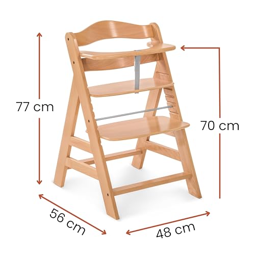 hauck Alpha+, Natur - Mitwachsender Holzhochstuhl aus Buche für Kinder ab 6 Monaten bis 90 kg - Inklusive 5 Punkt Gurt, Schrittgurt, Schutzbügel - Kompatibel mit viel Zubehör