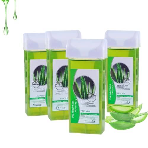 LINBEAUTI Aloe Vera Roll On Wax, Hair Removal Wax Cartridge, Depilatory Wax Roller Refill, for Bikini Legs and Arms 3.52 Ounce(4Pack Aloe)