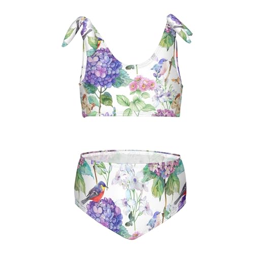 Blue Flowers Birds Butterfly Girls Bathing Suit Set High Waisted 2 Piece Swimwear Baby Girls Tankini Swimming Set 3T
