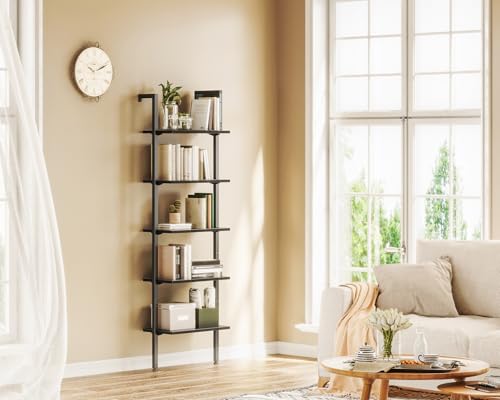 image for ODK Ladder Shelf, 5 Tier Black Bookshelf, 72 Inch Wall Mounted Book Sh
