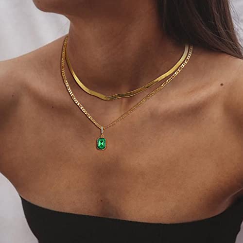 ACECHA Gold Layered Necklaces for Women, 18K Gold Plated Emerald Pendant Rectangle Necklaces for Teen, Layering Choker Necklace Jewelry Gifts4