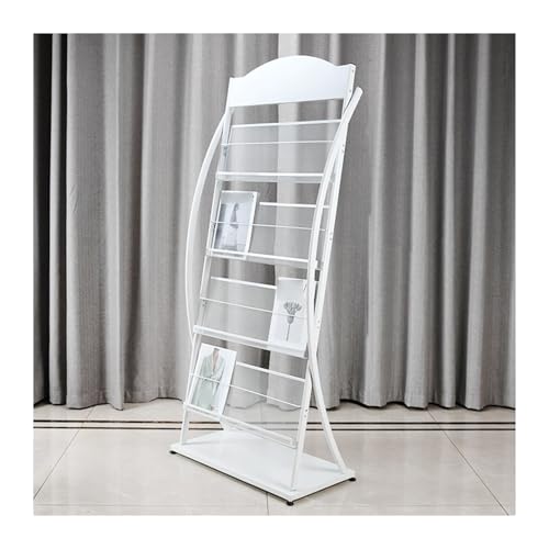 Revistero de pie de 4 niveles, soporte blanco para periódicos y folletos para oficinas, bibliotecas, hospitales y exposiciones, 25.6 x 12.2 x 61.4 pulgadas