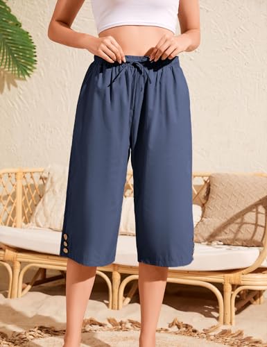 Schine Women Cozy Capris Lightweight High Waist Elastic Drawstring Pants with Pockets Loose Button Trim Cropped Trousers2