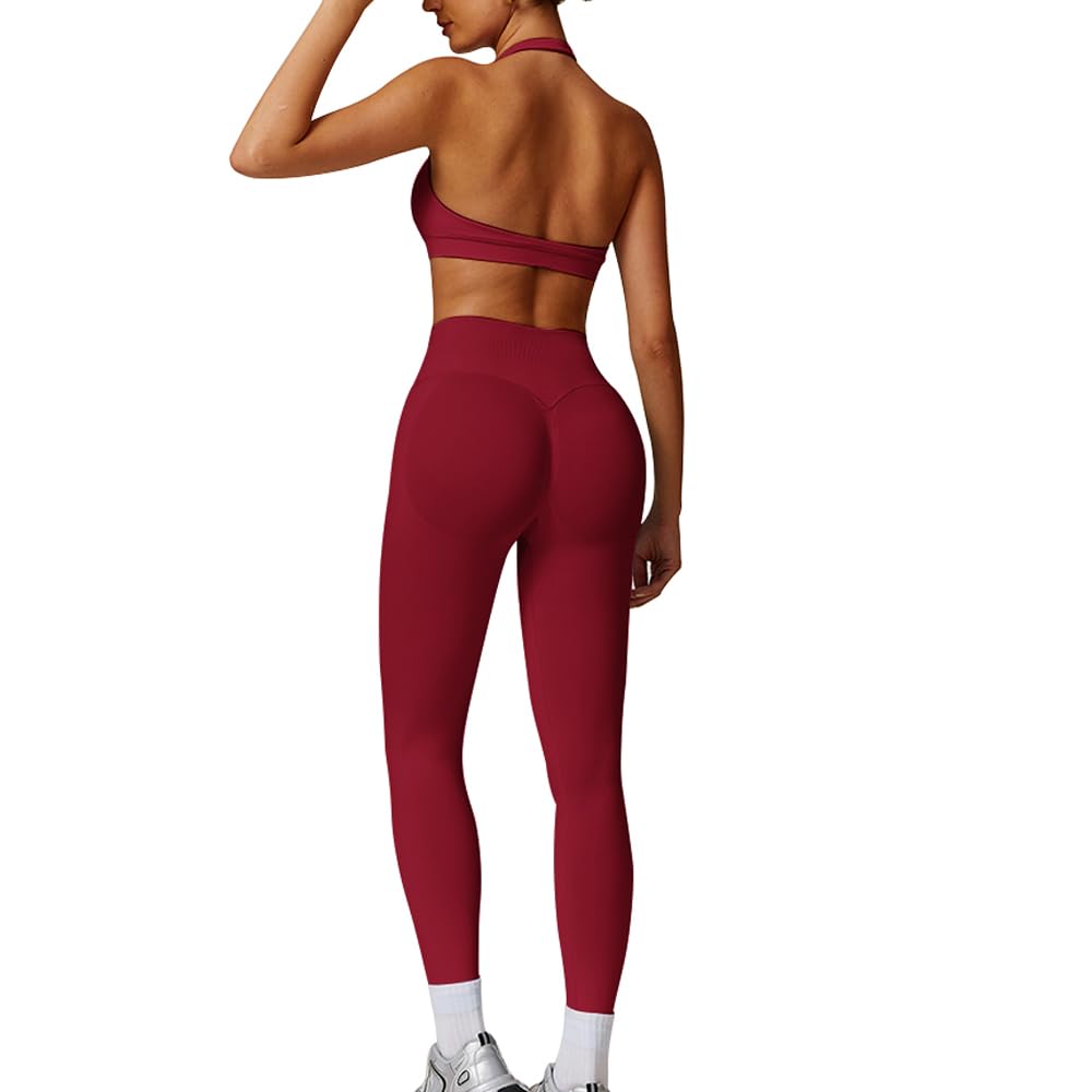 JN JANPRINT Ensemble de sport 2 pièces sans couture pour femme, dos nu, soutien-gorge de sport, legging froncé dissimulé, tenue de yoga, survêtement d'entraînement