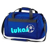 Sporttasche mit Namen | inkl. NAMENSDRUCK | Motiv Fußball | Personalisieren & Bedrucken | Reisetasche Jungen Ball Sport-Verein | blau schwarz (Royalblau) 26 Liter