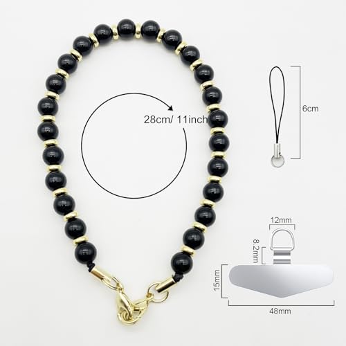 Image of TENOC Marble Beaded Phone Wrist Strap, Obsidian Black | Cellphone Lanyard Chain, Sparkling Wristlet Bracelet, For Women