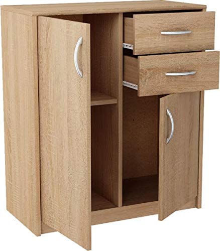 MATKAM Schlafzimmer Kommode mit Schubladen und Türen - Sideboard Wohnzimmer H:85xB:74xT:35 cm - Komode mit 2 Schubladen und 2 Türen - Komodenschrank für Schlafzimmer - Sonoma Eiche