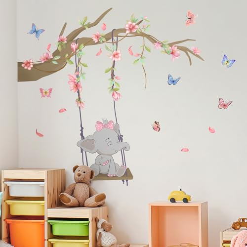 Tanlaby Rosa Columpio Elefante Vinilo Pared, Rama Flores Rosas Mariposas Pegatinas de Pared Caricatura Autoadhesivo Removible Vinilos Decorativos para Dormitorio de Niña Guardería Decoracion Pared