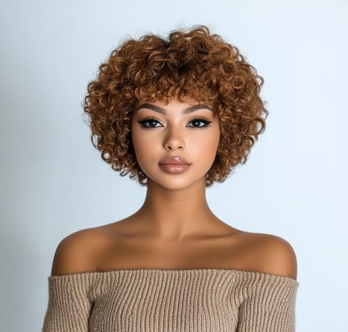 DÉBUT Perruque courte bouclée 100% cheveux humains pour femmes - Perruque afro bouclée brune avec frange - Perruque coupe pixie - Cheveux brésiliens Remy (20 cm, 30)