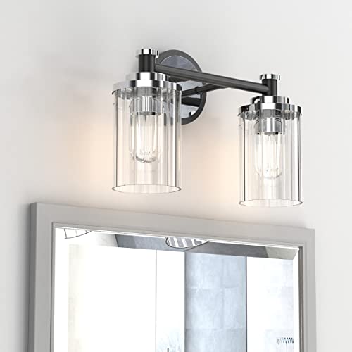 Image of Bathroom Lighting Fixtures Black and Chrome Bathroom Vanity Light with Cylindrical Clear Stripes Glass Lampshade E26 Socket Base Bathroom Lighting Fixtures Over Mirror (2 Lights)