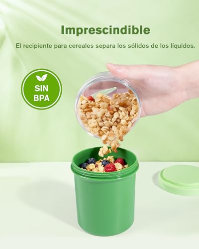 Miniatura 6 de Cereal Cup, 450 Ml 250 Ml, Taza Para Yogur, Taza Para Cereales Para Llevar A Prueba De Fugas Con Cuchara Y Caja Para Salsas, Caja Para Desayuno Sin Bpa, Bol Para Cereales, Para Niños Y Adultos, Verd