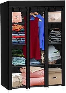 Holdfiturn Canvas Wardrobe 128x45x173cm Portable Wardrobe with Hanging Rail Triple Canvas Wardrobe for Clothes Toys Shoe Bags and More(Black)