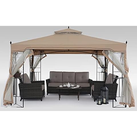 MASTERCANOPY Patio Outdoor Gazebo with Netting Screen Walls and Corner Shelf Design (10x12,Beige) Cover