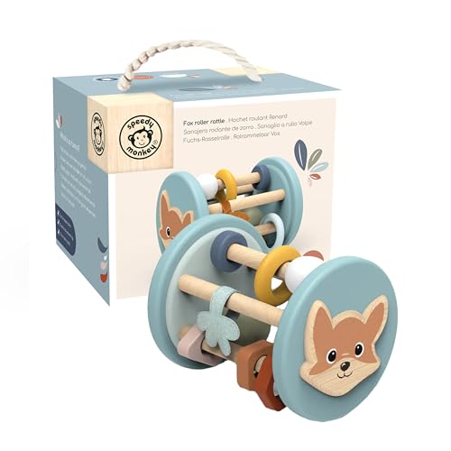 Image of SPEEDY MONKEY Fox Roller Rattle Baby Toy | Wooden Animal Sensory Rolling Toy for Infants | Developmental Rattle for Crawling & Motor Skills | Early Learning Play for Babies & Newborns 6M+