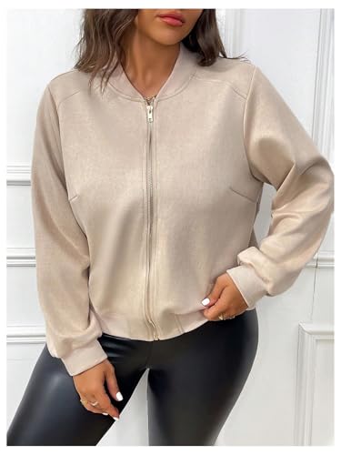 Verdusa Women's Plus Size Faux Suede Zip Up Bomber Jacket Baseball Collor Casual Outerwear3