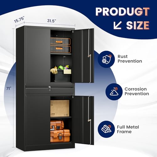 Image of Yizosh Metal Garage Storage Cabinet with Locking Doors and Adjustable Shelves, 71 inch Tool Storage Cabinet with 1 Drawer for Garage,Warehouse (Black)