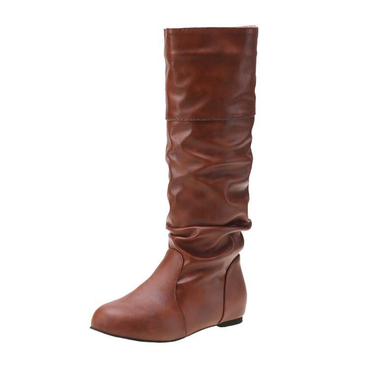 Women's Slouchy Mid Calf to Knee High Boots -Flat PU Leather Round Toe Slip On Winter Fall Dress Boots