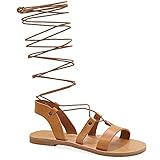 38 beige Emmanuela Sandales en cuir à haut genou dans un style grec ancien, sandales de gladiateur plat à la main avec orteils ouverts, chaussures d'été de haute qualité pour attacher les femmes