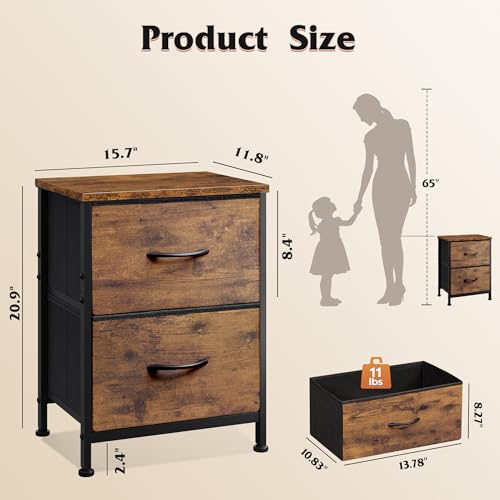 WLIVE Night Stand, Small Dresser with 2 Drawers & Wooden Top, Nightstand with Fabric Bins, Bedside Table End Table for Bedroom, Closet, Entryway, College Dorm, Rustic Brown - Image 3