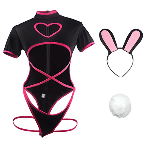 paloli Damen Bunny Girl Cosplay Kostüm Sexy Dessous Einteiler Anime Cutout Herz Front Bodysuit Rolle Cute Outfit Set