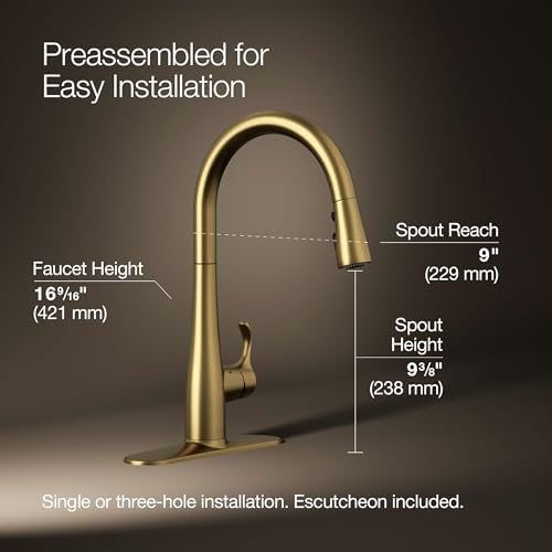 Image of Kohler 22036-2MB Simplice Touchless Pull Down Kitchen Faucet, Kitchen Sink Faucet with Pull Down Sprayer, Vibrant Brushed Moderne Brass