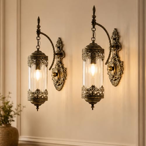 Image of Vintage Wall Sconce with Glass Shade, Rustic Farmhouse Wall Light Fixture, Antique Gothic Decorative Metal Wall Lamp for Hallway, Bedroom, Living Room, Entryway, 2-Pack