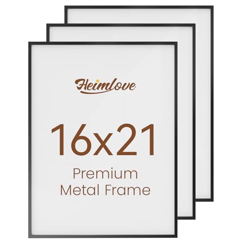 Heimlove 16x21 Metal Picture Frame,Black Aluminum Wall Gallery Poster Puzzles Artwork frames-Real Tempered Glass,Mounting Horizontally or Vertically Decor for Wall-3 Pack