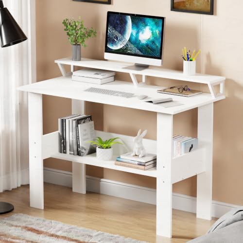 Image of Lukzer Study Table with Monitor Riser & Open Book Shelf (MST-004 /White) Engineered Wood Computer Table for Laptop, PC & Home Office, DIY Office Desk with Storage Organizer Shelf (90 x 86 x 50 cm)