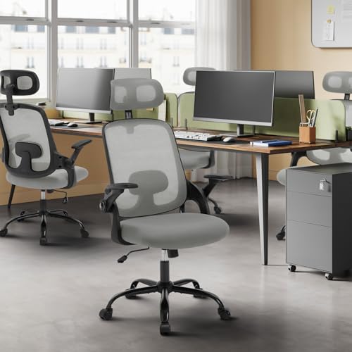 Sedia Ufficio Ergonomica con Poggiatesta e Braccioli Regolabili, Supporto Lombare, Poltrona Scrivania Girevole in Rete Traspirante Funzione Dondolo, Grigio - Sedia gaming - Immagine 1