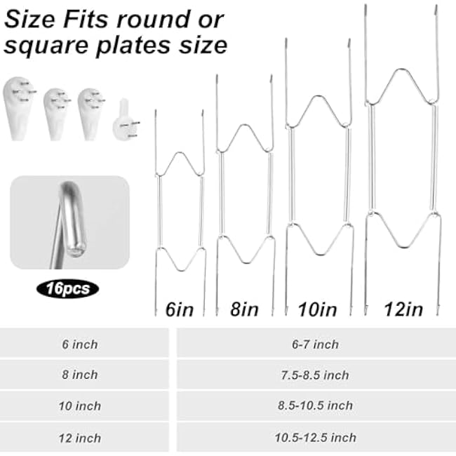 4 Pack Plate Hangers for The Wall, 6/8/10/12 Inch Plate Wall Holder Stainless Steel W-Shaped Plate Hooks Vertical Dish Display Wall Mount for Decorative Plates Antique Arts (Silver)