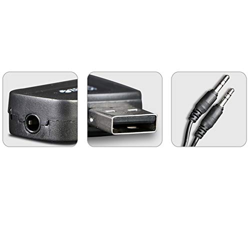 Close-up of 3.5mm audio port, USB connector, and included 3.5mm audio cable