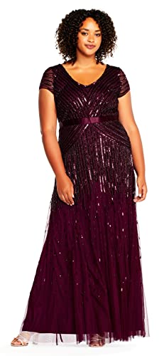 Adrianna Papell Women's Plus Size Floor Length Beaded Cap Sleeve V-Neck Dress