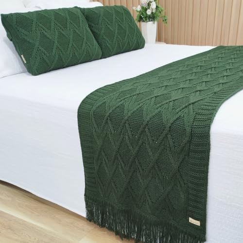 Peseira Manta Tricô Casal Queen 230x60cm +2 Capas Almofada 60x40c...