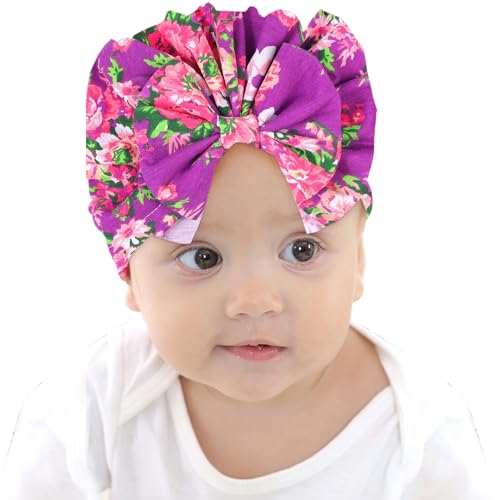Image of BabyMoon Beanie Floral Bow Baby Boy's & Girl's Cap Kids | Toddler Infant Hat | Purple | 6-48 Months