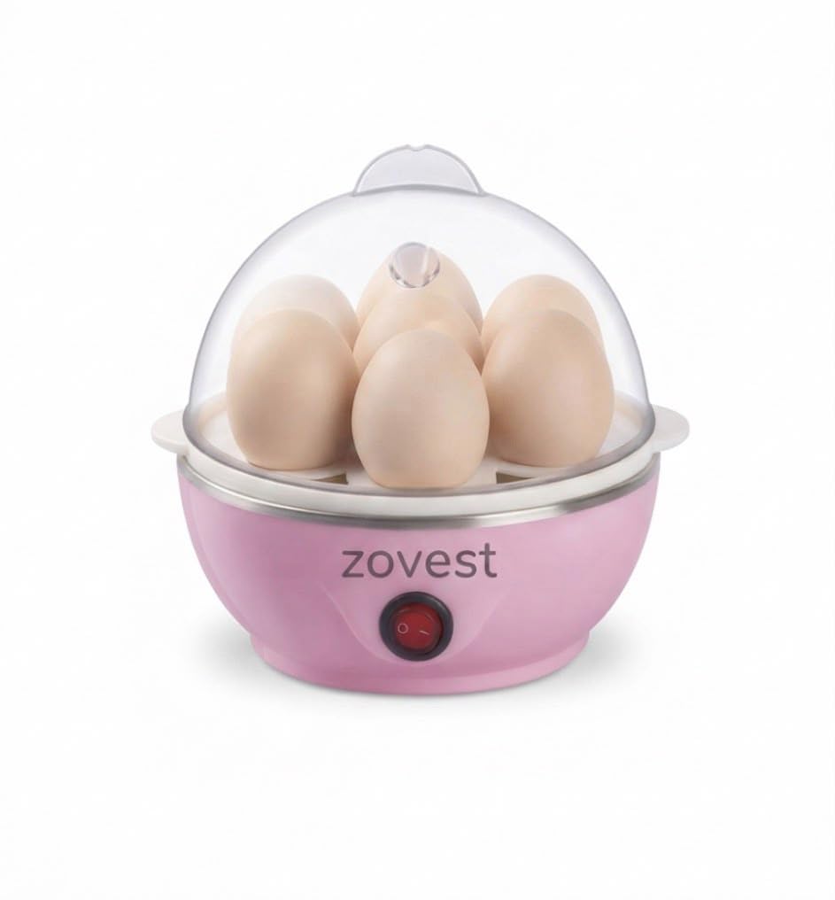 egg boiler | 7 egg capacity electric egg cooker | 350w fast boiling | automatic shut-off | stainless steel heating plate | food grade pc lid | led indicator | compact | 1 year warranty
