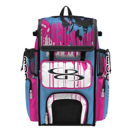 Boombah Superpack Bat Bag - Backpack Version (no wheels) - Holds 4 Bats - Graffiti Drip Columbia Blue/Fluorescent Pink/Black