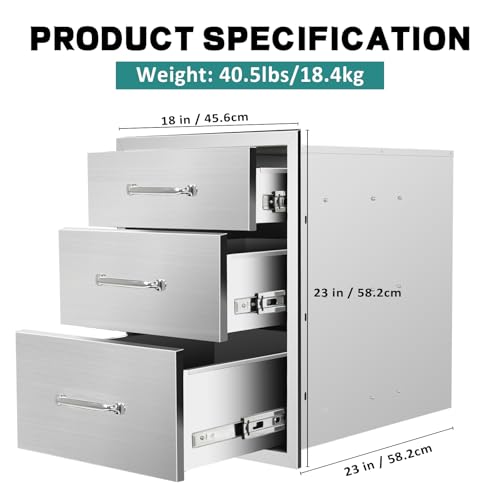 Image of Outdoor Kitchen Drawers 18''Wx 23''H x 23''D Stainless Steel Drawer BBQ Triple Drawers with Chrome Handle for Outdoor Kitchen Island, Patio Grill Station