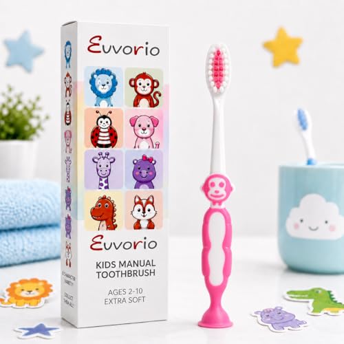 Image of Toothbrush for Kids with Ultra Soft Bristles for Oral Cleaning, Suitable For 2-12 Years Toddlers, Monkey Design, Pink, Pack of 1