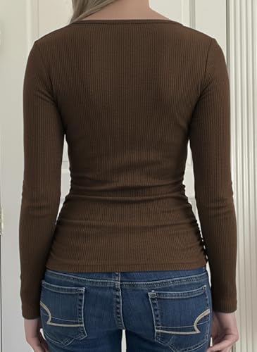 Image of Womens Lace Long Sleeve Top Paneled Henley Shirts Y2k 2000s Fitted Going Out Tops Blouse