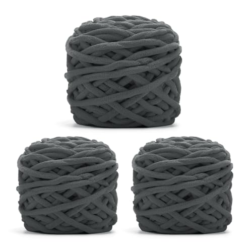 Image of INNDUN Blanket Yarn 3 Pack of 100g /3.5oz - Dark Grey Chenille Yarn 6 Super Bulky - Knitting, Crocheting & Crafts Chunky Yarn