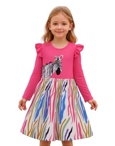 Image of Girl Long Sleeve Dress Ruffle Rainbow Color Block Cotton Casual Tiered Pleated Twirly Dress