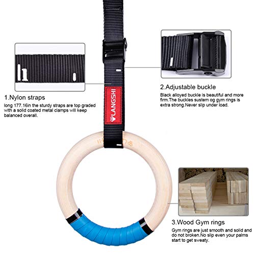 LANGSHI Wooden Gymnastic Rings with Buckles Straps Exercise Gym Rings Athletic Rings for Muscle Building, Ab Workout… - Image 4