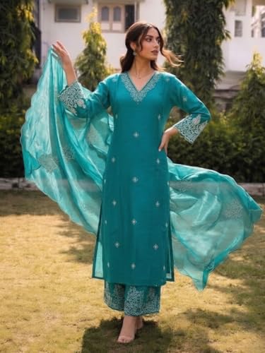 Image of SHIENZY Women's Embroidered Kurta Pant Set with Dupatta | Straight Kurta Set for Women | Ethnic Kurta Set for Women, Traditional Indian Kurta Pant Dupatta Set