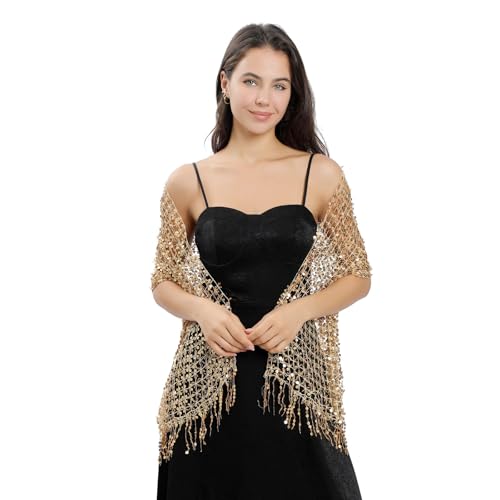 Women's Long Sequin Shawls 1920s Scarf Mesh Glittering Wedding Cape Fringed Evening Wrap Formal Harlem Night4
