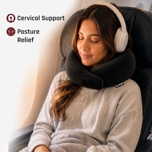 Image of Premium Memory Foam Neck Pillow by ValorX USA for Travelling 360 Neck Support with Adjustable Velcro Straps & Ultra-Soft Velvet Cover, Black