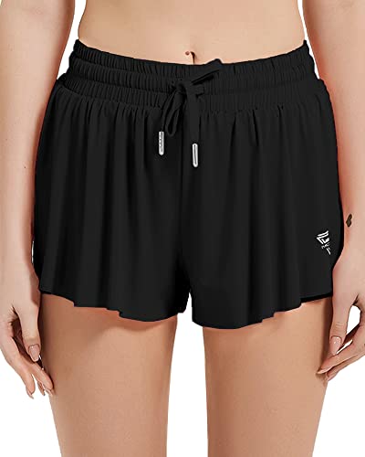 Wsirmet Womens Flowy Athletic Shorts 2 In 1 Running Yoga Shorts High Waisted Workout Biker Spandex Shorts Gym Tennis Skirts Black #TOP2