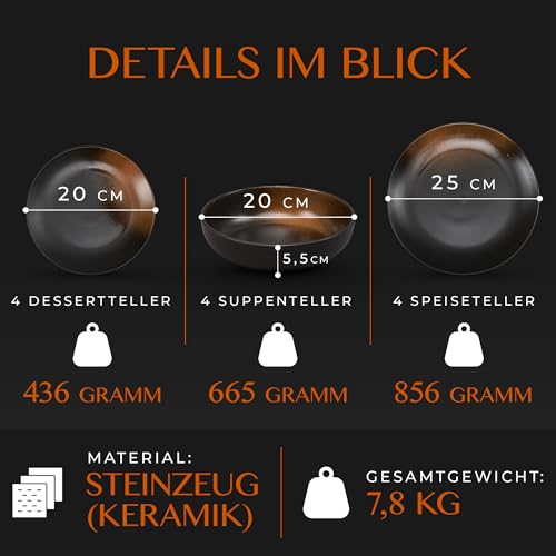 Mikawi 12-teiliges Geschirr-Set aus Steinzeug – Prairie Linie-edles Design im braun/schwarz Farbton, Service bestehend aus 4 Speisetellern, 4 Desserttellern und 4 tiefen Tellern/Premium Kollektion