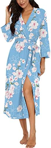VINTATRE Women Kimono Robes Long Knit Bathrobe Lightweight Soft Knit Sleepwear V-neck Casual Ladies Loungewear FP-Light Blue-Large