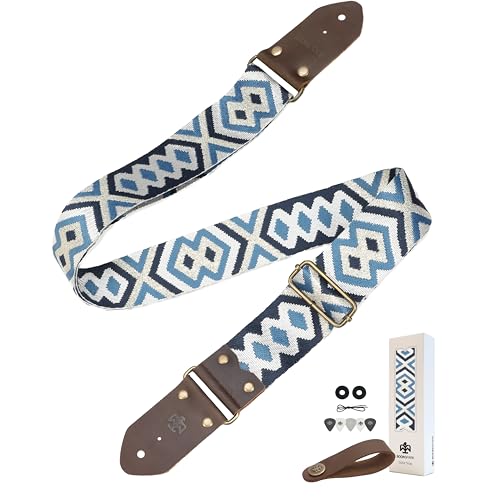BOONSPARK Guitar Strap - Crazy Horse Cowhide Ends Safe Durable 2in Soft Adjustable Guitar Straps for Acoustic&Electric Guitars Bass Ukulele Guitarists Gift Set Diamond Blue