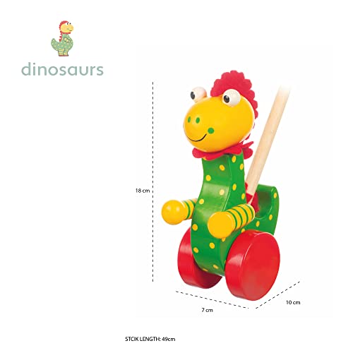 Image of Orange Tree Toys Dinosuar Push Along in Box | Hand Painted Colorful Wooden Toy for Toddlers Age 12m+, Sustainably Made, Perfect for Encouraging First Steps and Developing Key Motor Skills
